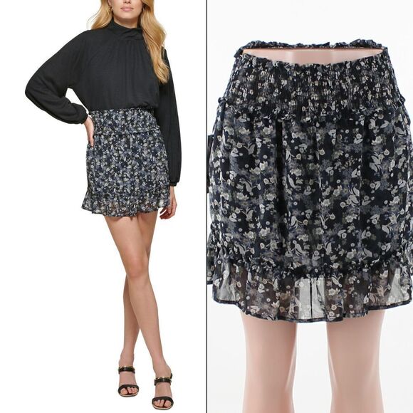 DKNY Jeans Ruffle-Hem Mini Skirt Black Indigo Multi - Picture 1 of 5